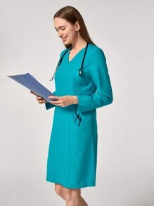 TaskEZ Solid Color V-Neck Long Sleeve Nurse Dress With Pocket - Dark Green - View 1