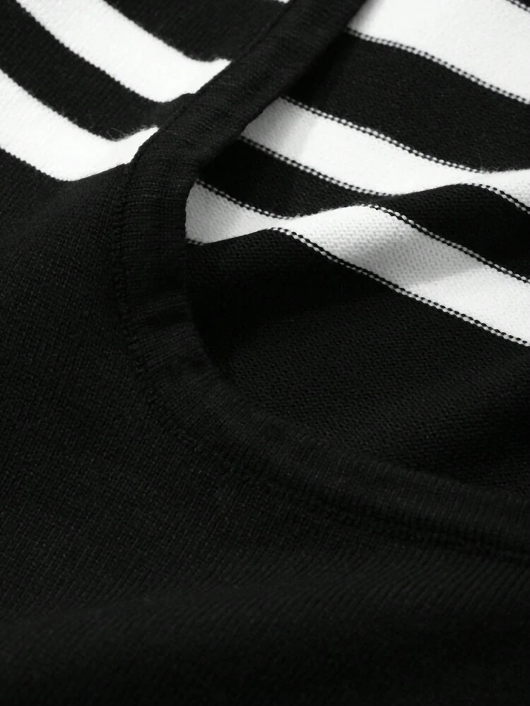 1pc Women Striped Tie-Waist Backless Long Sleeve Short Dress Knitted Sweater Dress,Fall Women Clothes