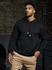 Gym Rark Plus Size Men's Solid Textured Drawstring Hooded Sweatshirt - Black - View 4