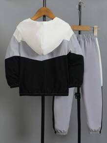 2 件装年轻男孩休闲拼色连帽衫和裤子运动套装，秋季户外服装 - 灰色 - 查看 2