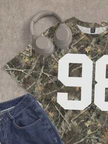 Attitoon 休闲街头风格叶子和数字 98 印花圆领宽松短袖 T 恤女士