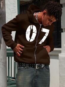 Manfinity Hypemode Sudadera con capucha de corte holgado para hombre con estampado de letras, cremallera delantera y forro térmico