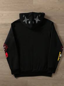 Manfinity EMRG 男士休闲日常字母印花保暖内衬拉链连帽运动衫，秋季图案拉链连帽衫赛车连帽衫 - 黑色 - 查看 2