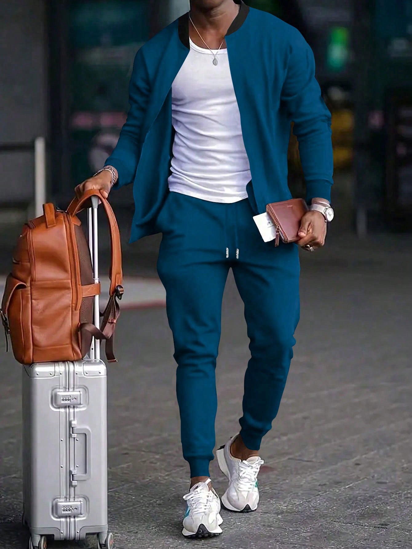 2pcs Men's Solid Color Long Sleeve Simple Top And Front Tie Loose Pants Casual Suit