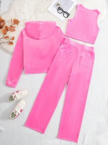SHEIN Girlism Teen Girl 3pcs/Set Casual All-Match Comfort Graphic Tank Top, Jacket And Pants Suit, Pink, Autumn/Winter - Pink - View 4