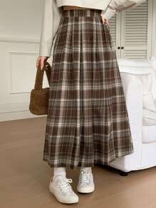 DAZY Chân váy chữ A xếp ly kẻ caro dành cho nữ, trang phục thường ngày, thu/đông - Màu xanh lam - Xem 5