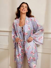 Becci 设计师女士淡紫色花卉印花缎面蝴蝶结睡袍，适合节日穿着