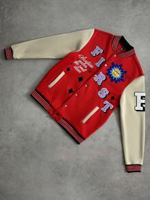 Manfinity Streetrush Men's Solid Color Patchwork Front Button Long Sleeve Letter Baseball Jacket