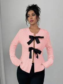 Chiquease Women's Bow Decor Round Neck Long Sleeve Casual Cardigan, Autumn/Winter Fall Cloth For Women - Baby Pink - View 5