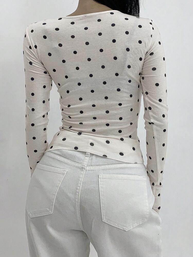 Autumn New Fitted Polka Dot Women T-Shirt, Casual Everyday Wear Long Sleeve Women Tops