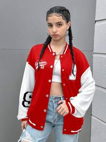 SHEIN 少女字母拼布印花长袖休闲夹克 - 紅色 - 查看 4