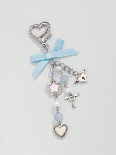 Kawaii 1 pezzo Portachiavi artigianale con ali d angelo, fiocco e nappina con perla blu, regalo romantico e carino per le vacanze
