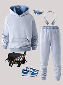 Set de 2 piezas: sudadera con capucha y pantalón de chándal lavado a la piedra, estilo urbano para adolescentes, de punto, para otoño/invierno