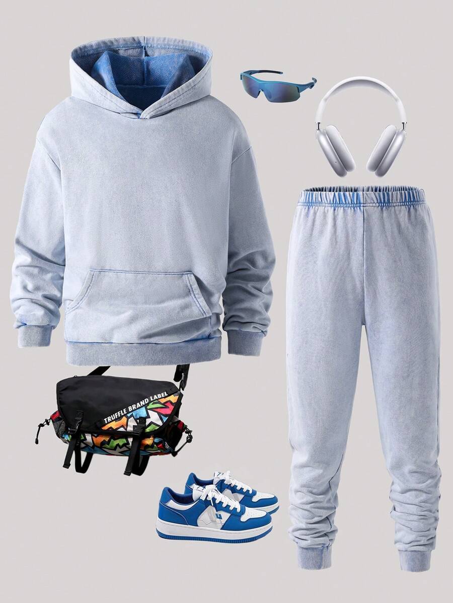 Set de 2 piezas: sudadera con capucha y pantalón de chándal lavado a la piedra, estilo urbano para adolescentes, de punto, para otoño/invierno