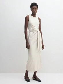 BizChic 女式白色无袖系带中长连衣裙，都市通勤商务休闲优雅正式派对礼服，适合万圣节、圣诞节、聚会 - 杏色 - 查看 8