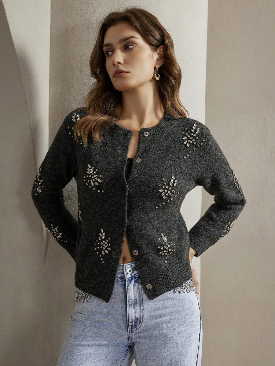 Anewsta 时尚秋季重磅手工刺绣钻石装饰开衫 - 黑色 - 查看 1