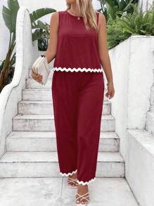 SHEIN LUNE 2pcs Plus Size Contrast Trim Round Neck Sleeveless Top And Pants Set - Burgundy - View 3