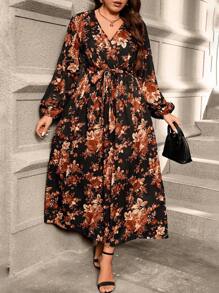 Reflora Vestido Midi Elegante de Manga Lanterna com Decote em V e Estampa Floral para Mulheres Plus Size, Ideal para Uso em Resorts - Preto - Visão 4