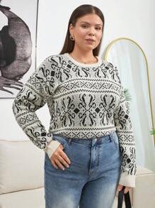 RueChic Pull ample pour femmes, motif géométrique, col rond, épaules tombantes, manches longues, décontracté, automne/hiver - Noir et Blanc - Voir 4