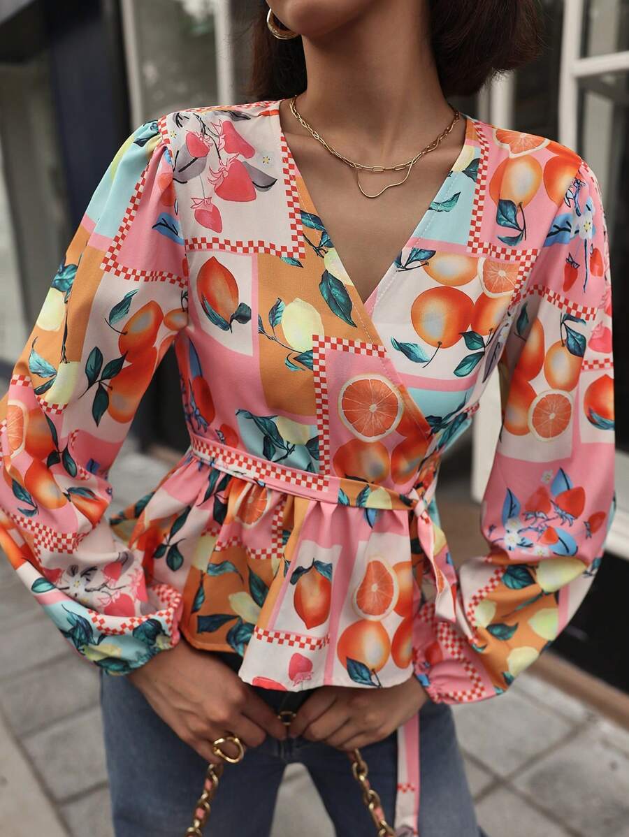 SHEIN BAE Women's Spring & Summer Fruit Print Tie-Waist Ruffle Hem Elegant Blouse Fall Cloth For Women - Multicolor - View 1