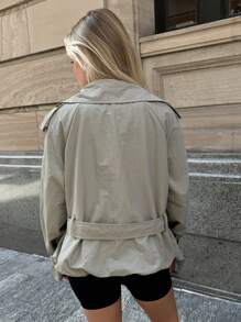 Forever 21 Women's Solid Color Double-Breasted Belted Long Sleeve Trench Coat - Green - View 2