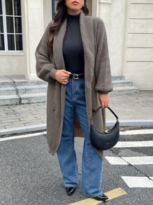 SHEIN Frenchy Suéter largo de otoño de talla grande, suéteres cálidos, ropa para salir, ropa para el aeropuerto, ropa para mujer con solapa grande, cárdigan de botones con mangas largas, informal para uso diario