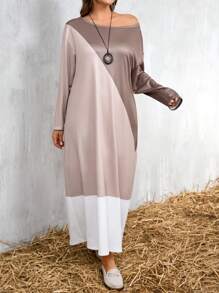 SHEIN LUNE Plus Size Asymmetrical Neck Color Block Elegant Long Sleeve Dress - Multicolor - View 3