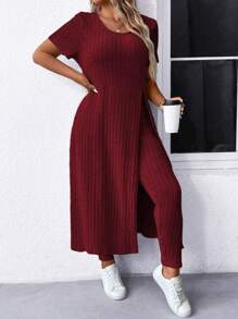 SHEIN LUNE 大码纯色罗纹开叉圆领短袖上衣和长裤优雅两件套，适合感恩节 - 酒紅色 - 查看 6