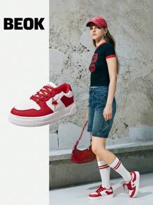 Beok 白色和红色撞色时尚系带休闲运动鞋万圣节圣诞节学生鞋滑板鞋秋冬休闲运动鞋 - 紅色 - 查看 1