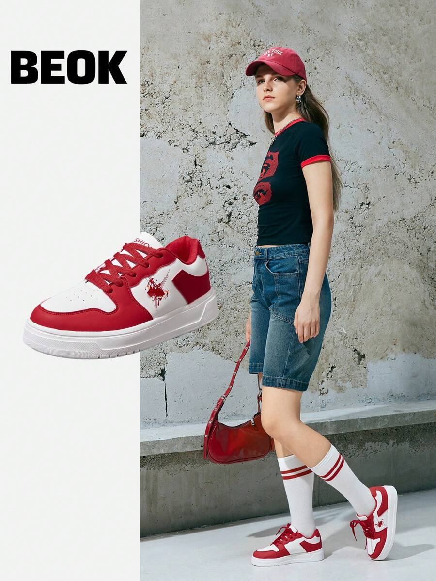 Beok 白色和红色撞色时尚系带休闲运动鞋万圣节圣诞节学生鞋滑板鞋秋冬休闲运动鞋 - 紅色 - 查看 1