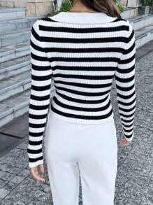 Chiquease Loose Contrast Color Polo Collar Striped Short Women Slim Fit Long Sleeve Pullover Casual Knit Sweater, Knit Pullover Fall Winter - Black and White - View 2