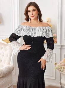 Modelyn Plus Size Women Ruffle Contrast Lace Fishtail Hem Sexy Dress Long Evening Dresses - Black - View 6