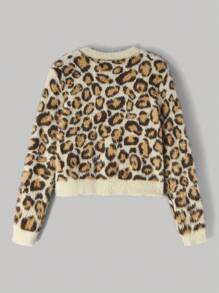 SHEIN MOD Plus Size Retro Fluffy Leopard Print Short Pullover - Multicolor - View 2