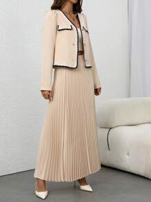 Chiquease Set de 2 piezas: Blusa de manga abullonada con ribete de color contrastante y falda plisada, para el otoño