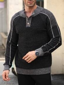 Manfinity Homme Suéter casual de manga larga con botones delanteros y parches de unicolor para hombres