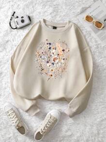 SHEIN LUNE 复古压花运动衫 波西米亚风花卉圆领毛衣 粉彩花卉印花套头衫 Fairycore 超大号野花运动衫 - 杏色 - 查看 3