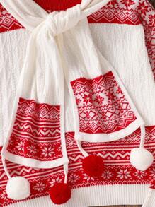 Pull jacquard à motif vintage et doux de style Fair Isle avec une écharpe assortie mignonne à pompon, pour Noël - Rouge - Voir 4
