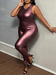 Slaydiva Top court avec fermeture éclair et ourlet fendu, violet laser unicolore, élégant, idéal pour les fêtes et festivals de musique. Combiné avec une combinaison extra longue ample pour femmes en grande taille, en tissu enduit de PU léger, pour le printemps et l'automne - Parme - Voir 3