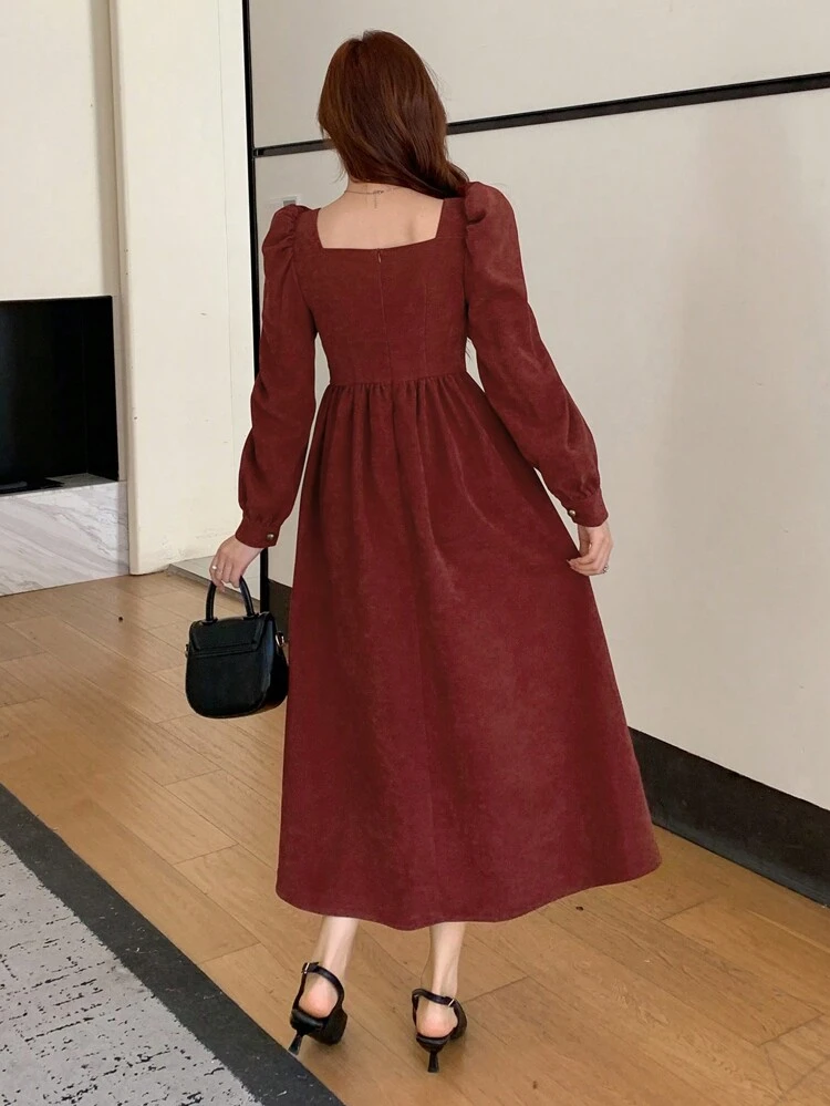 Solid Color Square Neck Form-Fitting Puff Sleeve Mid-Length Dress For Women,Fall Clothes Long Sleeve Dress Red Women Dresses,New Year Maxi Dress
