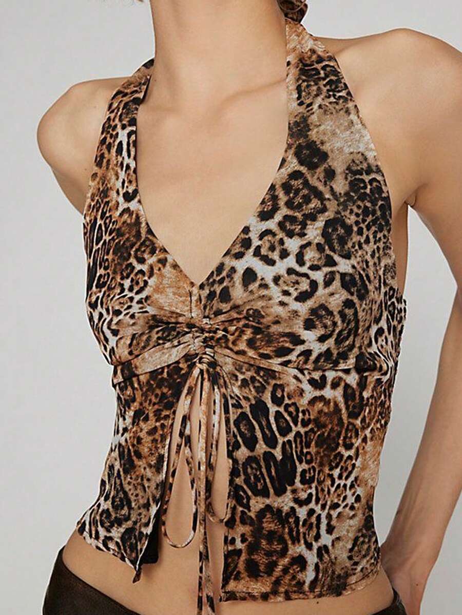INAWLY SXY Women's Leopard Print Halter Neck Loose Ruffle Trim Sleeveless Camisole, Casual Holiday,Autumn - Multicolor - View 1