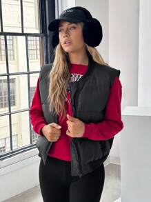 SHEIN EZwear Jednolita kolorowa kurtka puchowa z zamkiem błyskawicznym z przodu, bez rękawów, swobodna, codzienna odzież