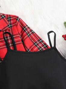 SHEIN Leap Crew Teen Girls 2pcs Set: Red Plaid Cropped Shirt Top And Black Cami Dress, Casual Christmas Party Outfit - Red - View 3