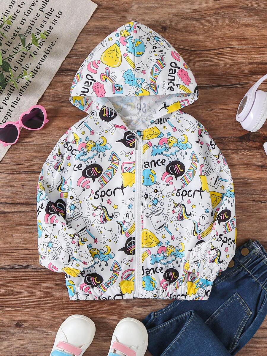 SHEIN Little Girls Front Zip Long Sleeve All-Over Print Hooded Casual Jacket - White - View 1