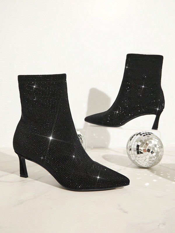 SHUZIA Kitten Heel Stretch Rhinestone Suede Bootie Christmas Holiday Vacay Vibe For Fall And Winter New Year Holiday Valentine Gifts Summer Shoes Valentines