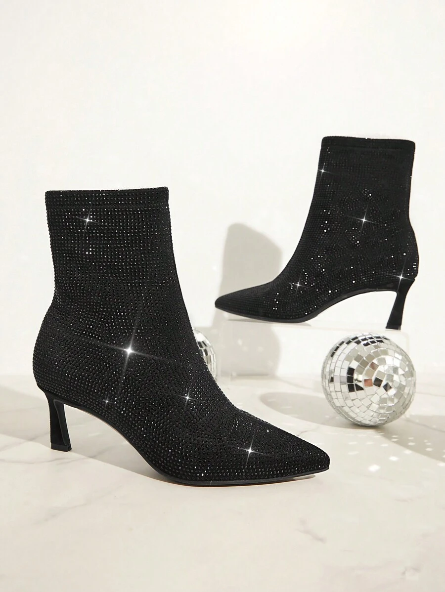 SHUZIA 小猫跟弹力水钻绒面短靴 圣诞假期 秋冬季度假氛围