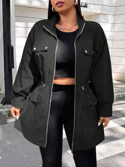 Flirla Plus Size Solid Color Front Zipper Long Sleeve Pocket Casual Jacket Fall Winter Cloth For Women Autumn