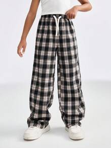SHEIN Girls Big Tween Girl Plaid Front Tie Pants, Casual Everyday Wear