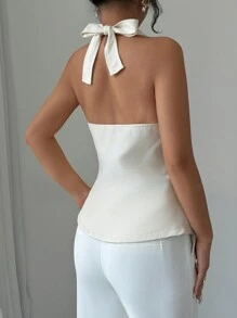 SHEIN Unity 1pc Women Elegant Solid Color 3D Floral Decor Tie Front Backless Halter Top - Apricot - View 2