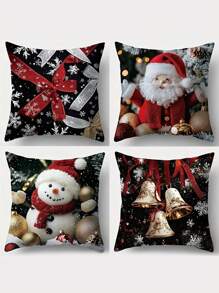 Set Of 4 Christmas Throw Pillow Covers 17.72" - Contemporary Hand Wash Only Zippered Polyester Cushion Cases For Living Room - Santa Claus, Snowman, Gift Ribbon, Bell Patterns For Holiday Decor, No Insert - Multicolor - View 2