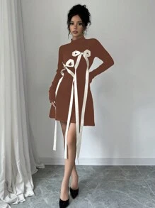 Selianne 女士束腰针织毛衣连衣裙 - 咖啡棕 - 查看 3